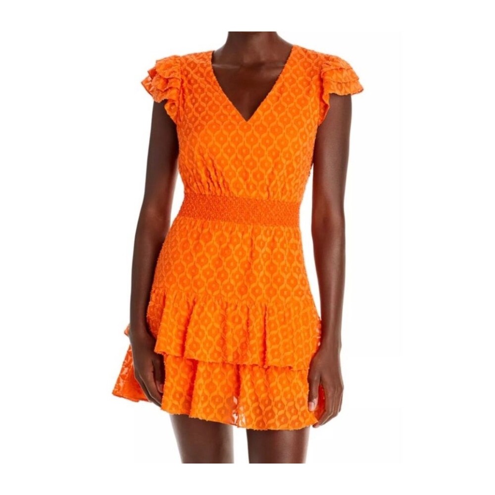 Alice + Olivia silk blend tiered Ruffle Mini Dress Orange Size 6 Textured V-Neck